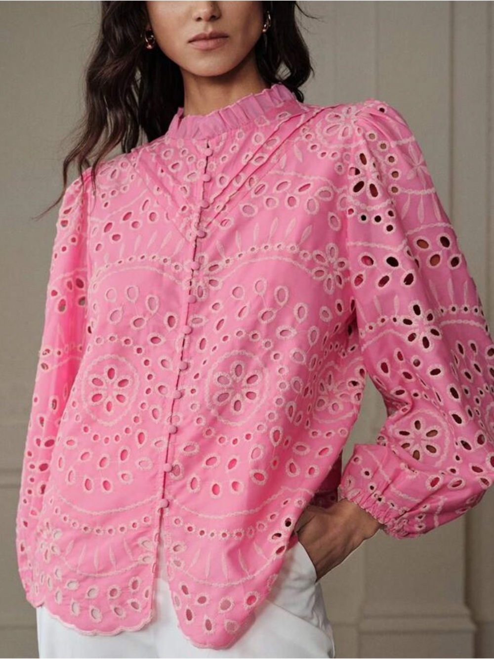 Avalon French Pink Eyelet Blouse White Embroidered Flowers, Puff Sleeves, L, New